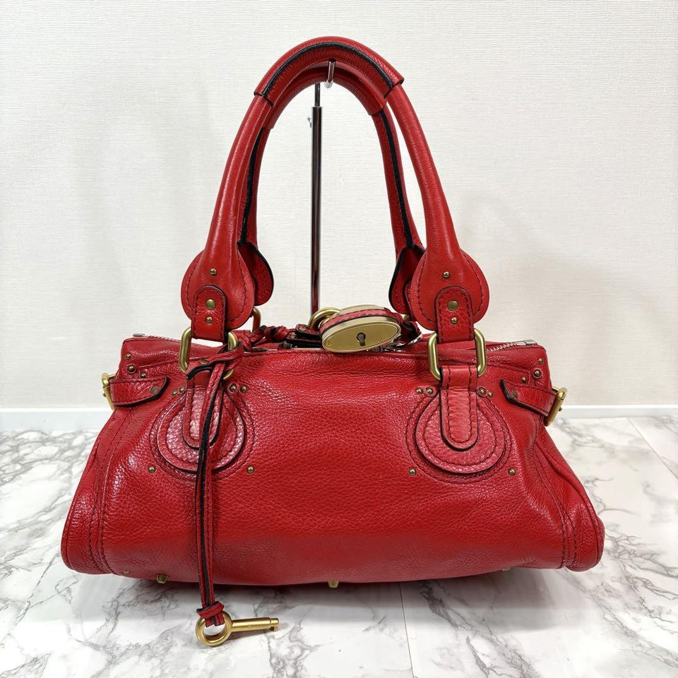 💥 Authentic Chloe Paddington Hand Bag Leather Red Padlock Key Pre-owned 💥