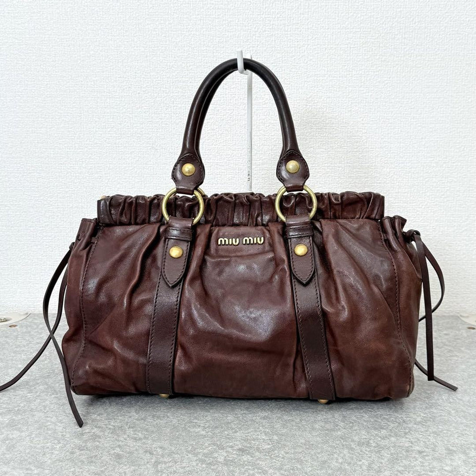 💥 Authentic Miu Miu VITELLO LUX 2way Handbag Shoulder bag Leather Brown Pre-owned 💥