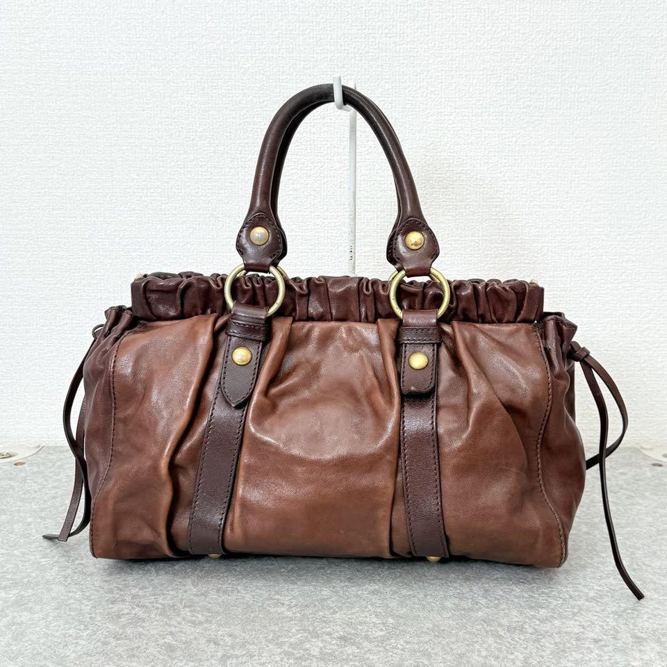 💥 Authentic Miu Miu VITELLO LUX 2way Handbag Shoulder bag Leather Brown Pre-owned 💥