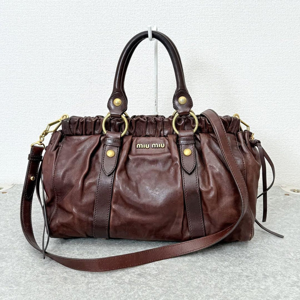💥 Authentic Miu Miu VITELLO LUX 2way Handbag Shoulder bag Leather Brown Pre-owned 💥