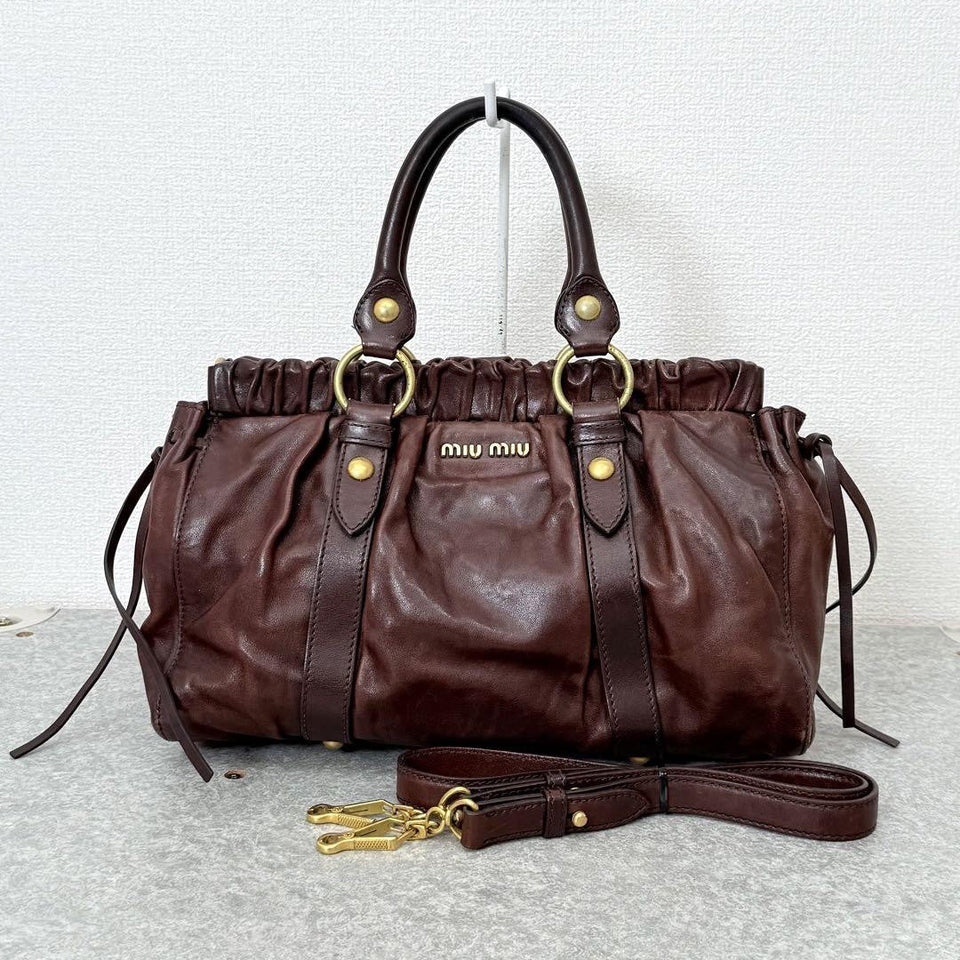 💥 Authentic Miu Miu VITELLO LUX 2way Handbag Shoulder bag Leather Brown Pre-owned 💥