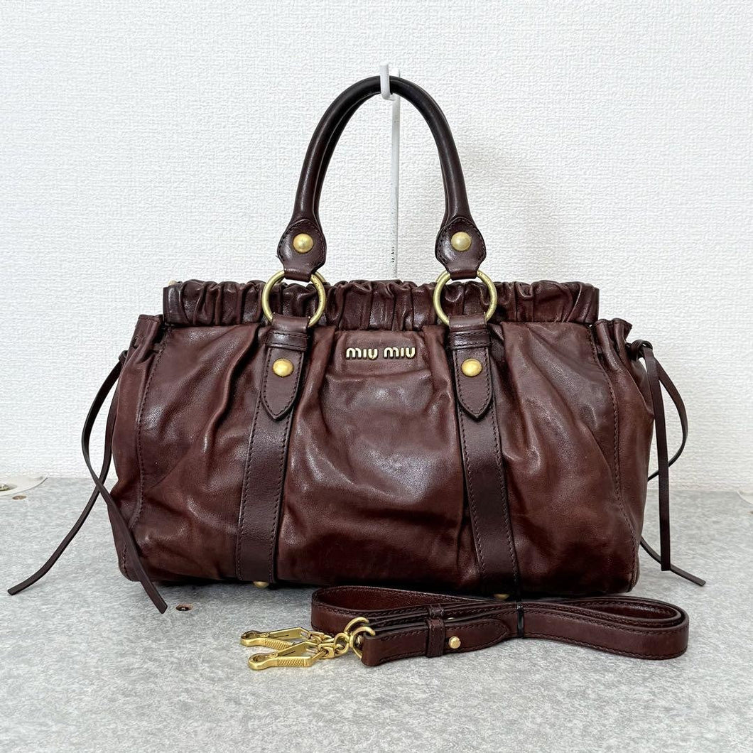 💥 Authentic Miu Miu VITELLO LUX 2way Handbag Shoulder bag Leather Brown Pre-owned 💥