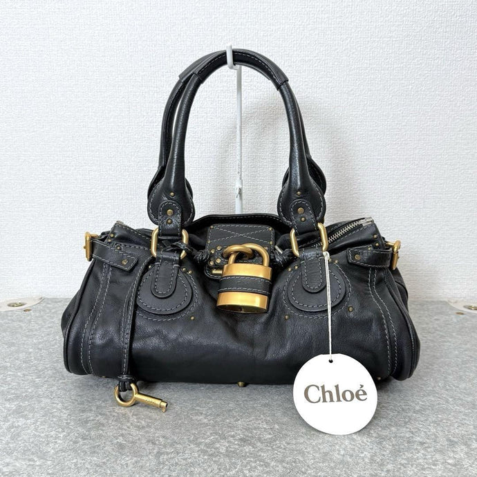 💥 Authentic Chloe Paddington Hand Bag Leather Black Padlock Key Pre-owned 💥