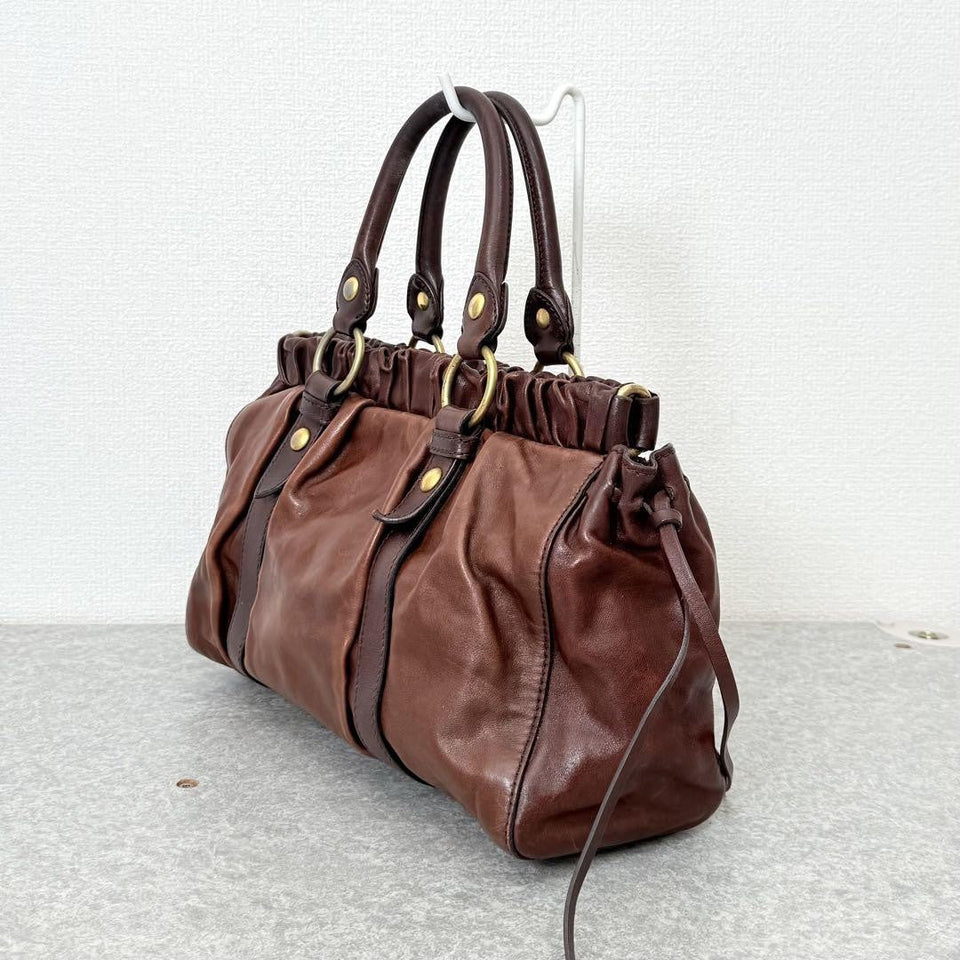 💥 Authentic Miu Miu VITELLO LUX 2way Handbag Shoulder bag Leather Brown Pre-owned 💥