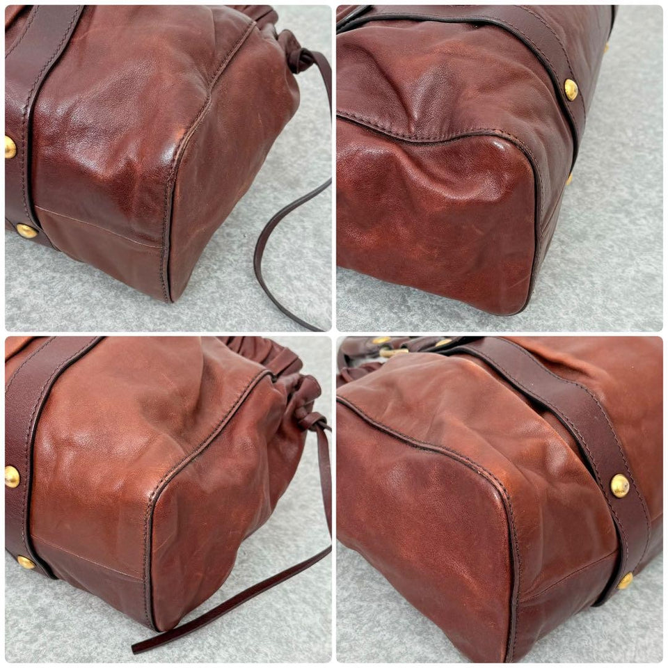 💥 Authentic Miu Miu VITELLO LUX 2way Handbag Shoulder bag Leather Brown Pre-owned 💥