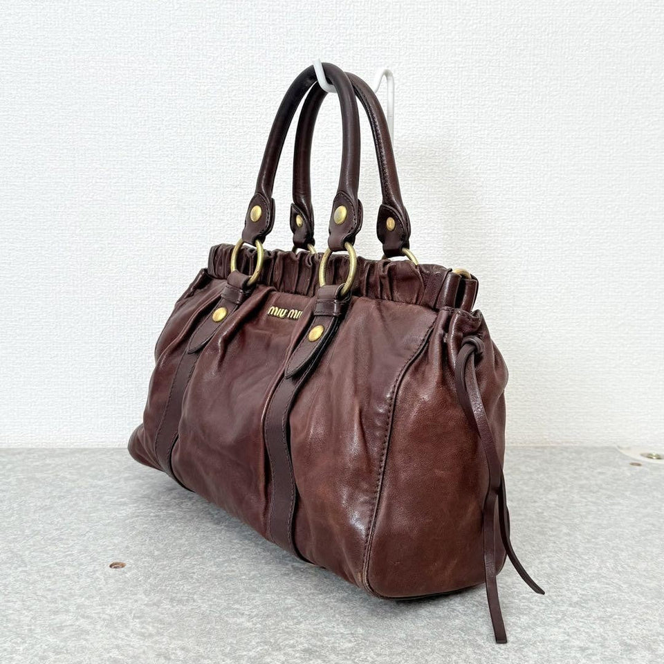 💥 Authentic Miu Miu VITELLO LUX 2way Handbag Shoulder bag Leather Brown Pre-owned 💥
