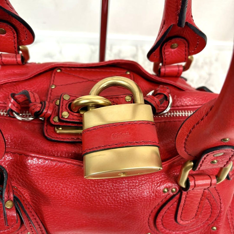 💥 Authentic Chloe Paddington Hand Bag Leather Red Padlock Key Pre-owned 💥